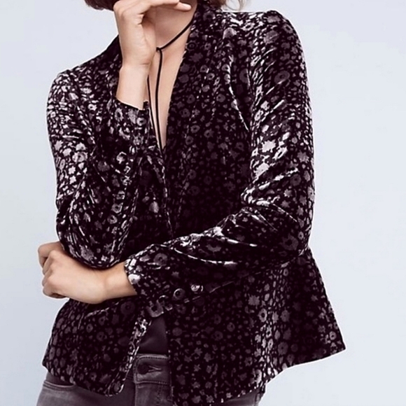 NWOT✨️ Anthropologie Elevenses Velvet Black Silver Grey Blazer Jacket, 2 - Picture 2 of 11
